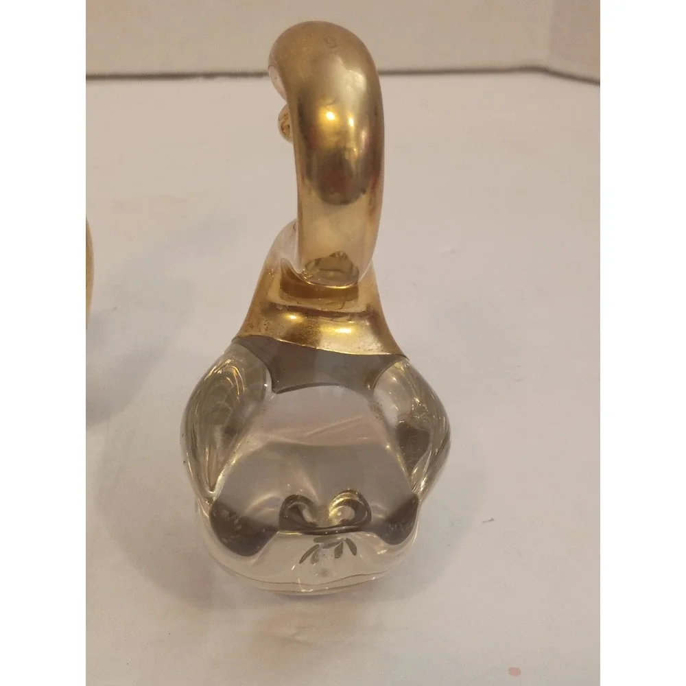 Vintage Art Glass Swan Figurines Gold Tone Metal Neck Set of 2 Mid Century Decor